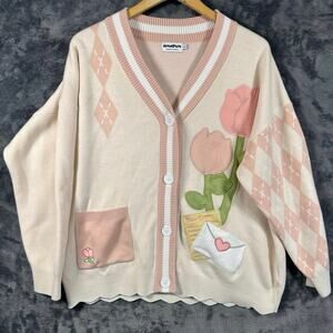 Designer x JeanaDraws Tulip Letter Cardigan Sweater Women’s Large Pink Sold Out!